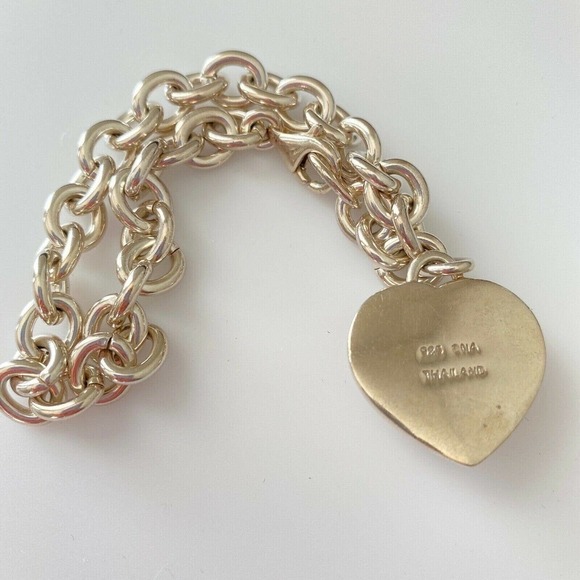 Vintage 925 Sterling Silver Purple Jade Heart Charm Rolo Link Bracelet 7.75" - Picture 3 of 5